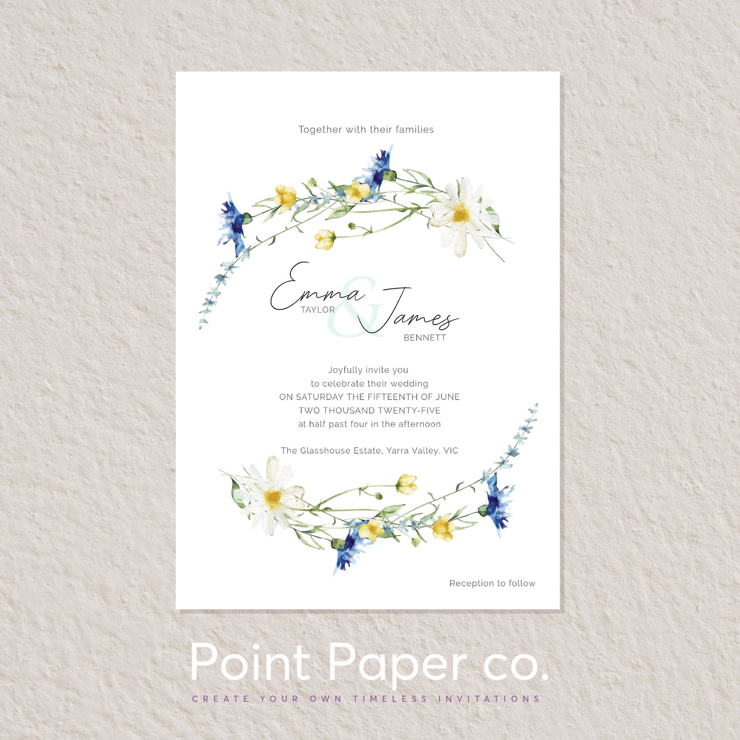 A floral wedding invitation card with watercolor-style blue, yellow, and white flowers arranged in two arches around the names 'Emma James' and the date '06.25.