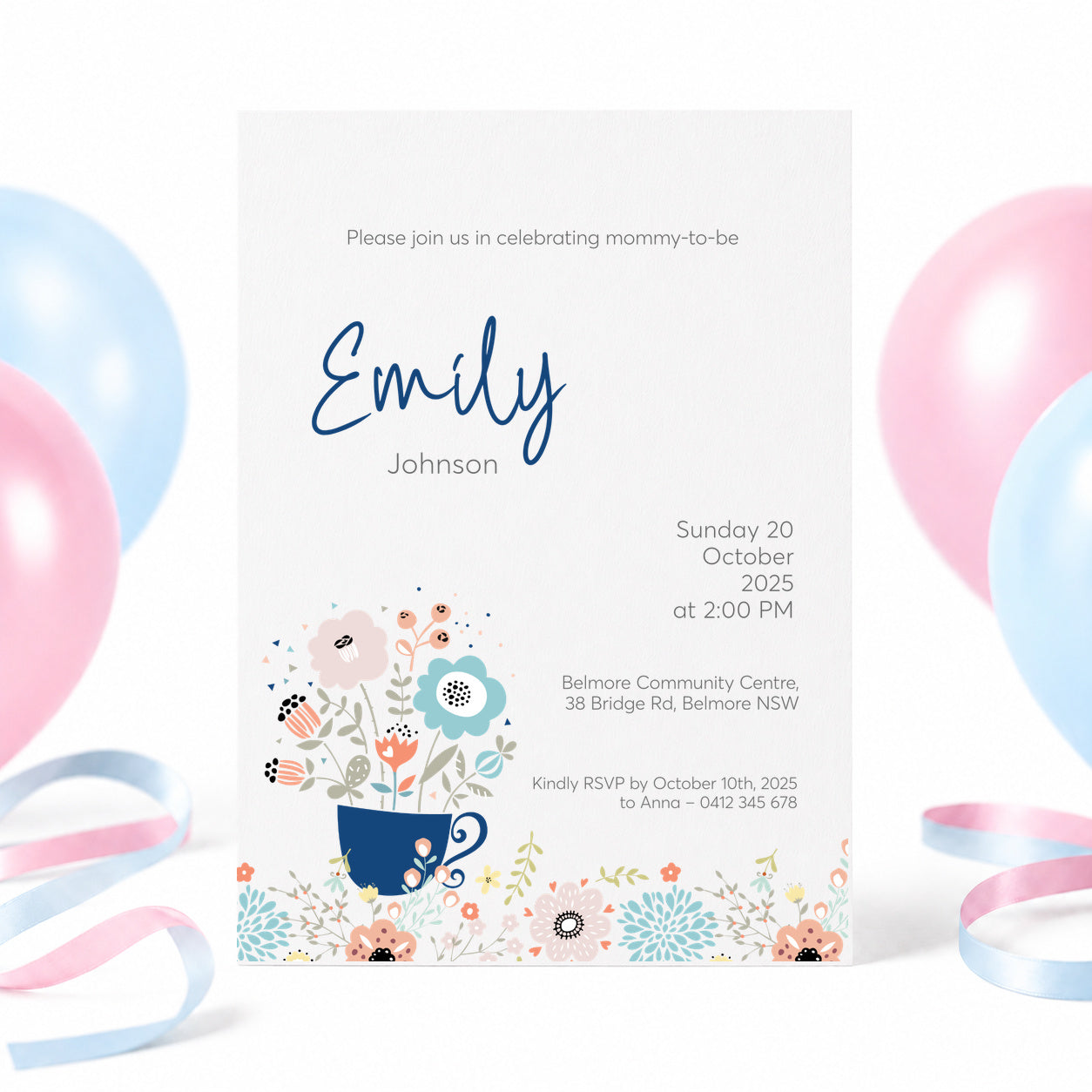 A baby shower invitation card for 'Emily Johnson' featuring a floral teacup illustration, styled with pastel pink, blue, and white balloons and ribbons in the background.