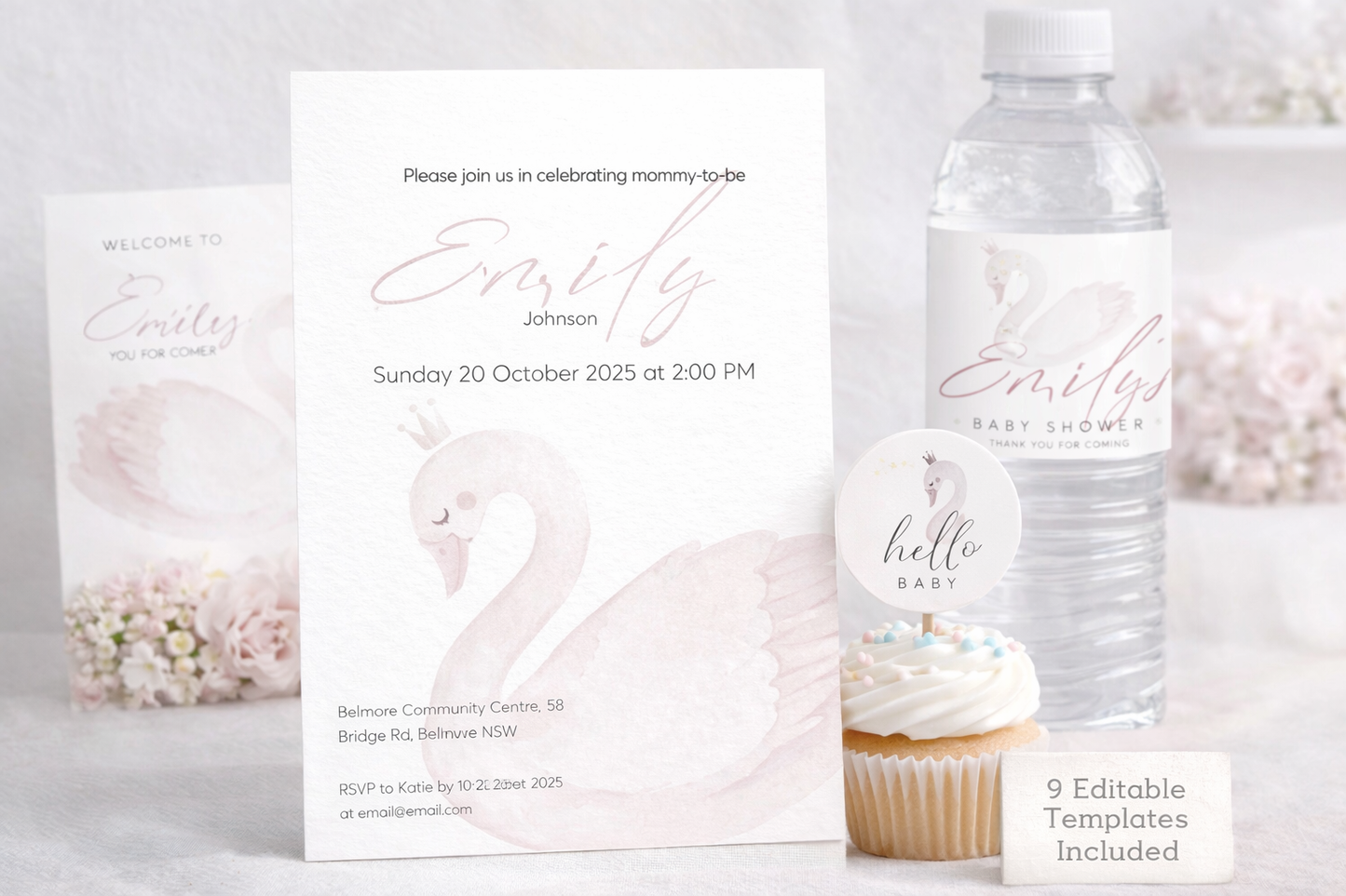 Pink Swan Baby Shower Editable Template Bundle