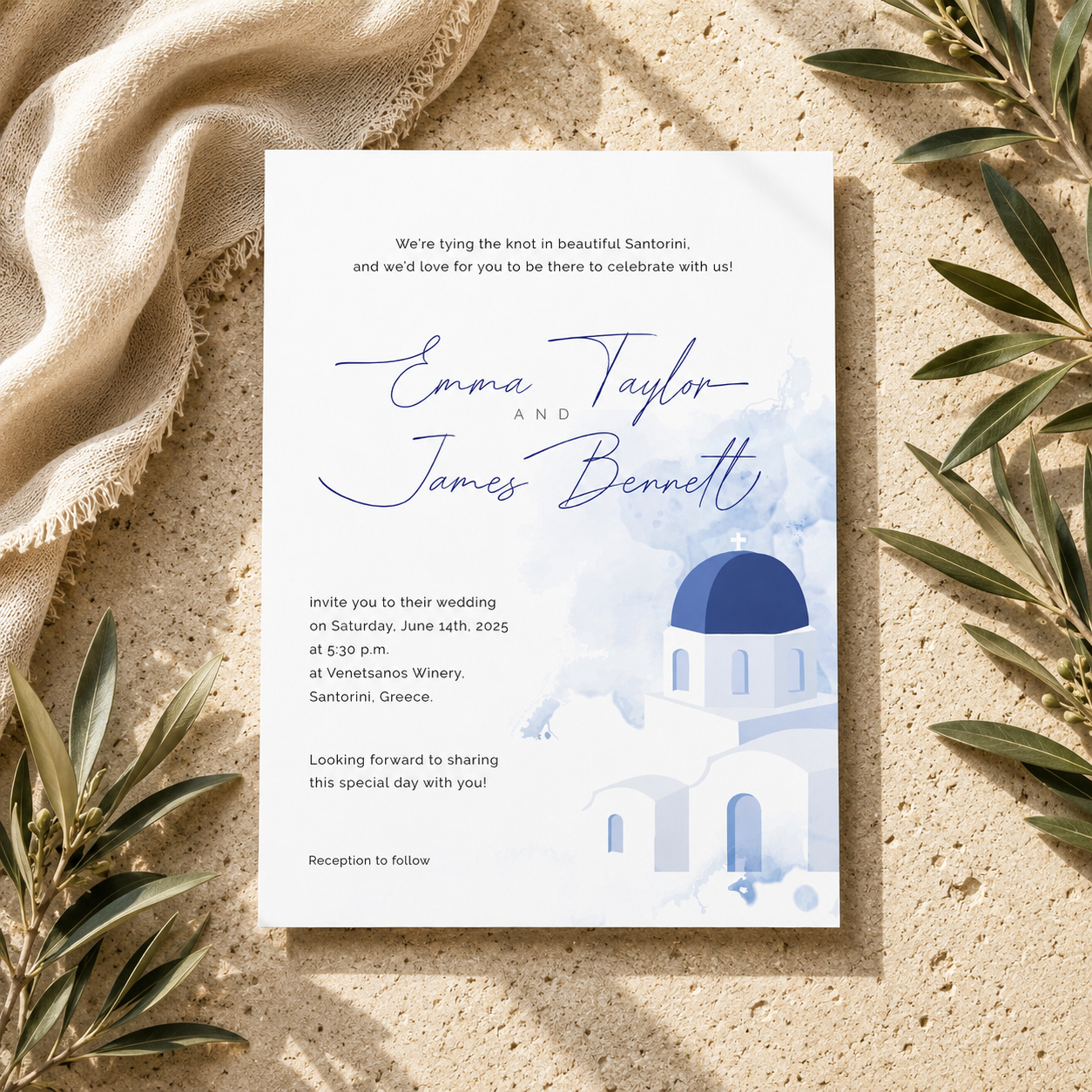 Santorini Printed Wedding Invitation with Envelope