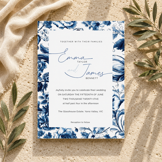 A square wedding invitation card with a blue floral border and elegant script text, styled flat-lay on a textured beige surface with draped fabric and green leaves.
