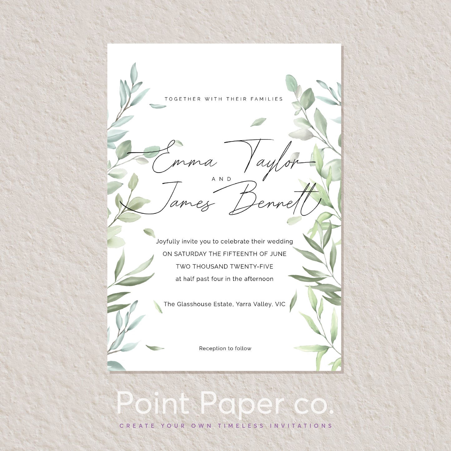 A botanical wedding invitation card with green watercolor leaves and elegant black script text, displayed on a textured light beige background. The card is branded with 'Point Paper co.