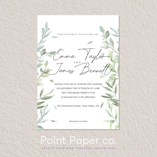 A botanical wedding invitation card with green watercolor leaves and elegant black script text, displayed on a textured light beige background. The card is branded with 'Point Paper co.