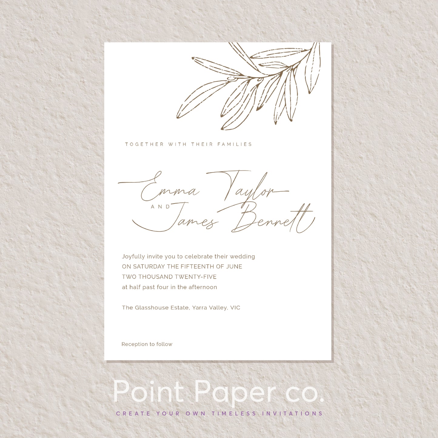 A wedding invitation card with elegant cursive script and a delicate olive branch illustration at the top, displayed on a textured light gray background. The card is branded with 'Point Paper co.