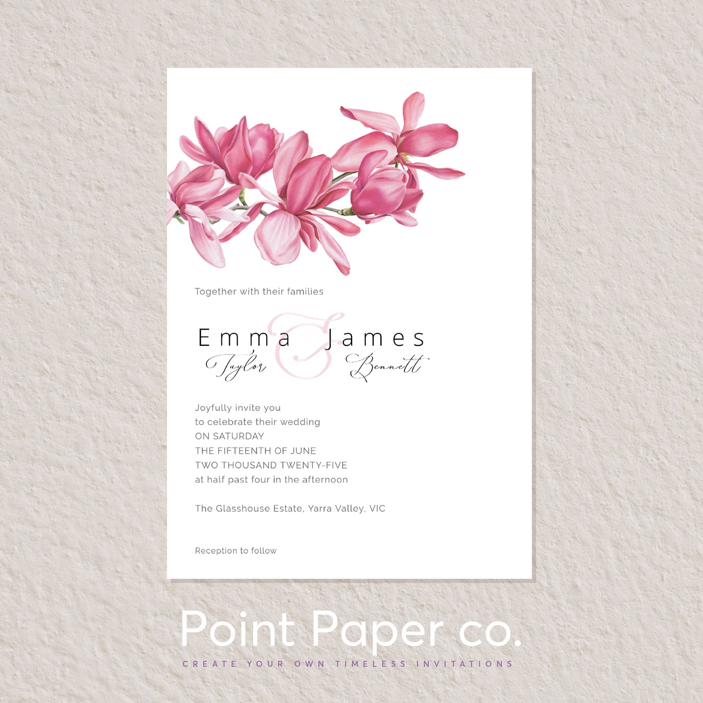 Pink Magnolia Printed Wedding Invitation with Envelope