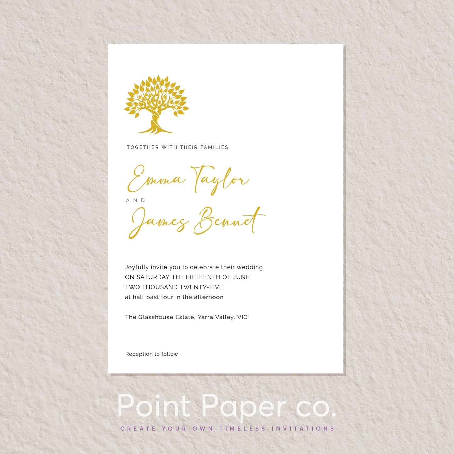 A wedding invitation card with a white background, featuring a gold tree logo at the top and elegant gold script names, Emma Taylor and James Bennett, on a textured light beige wall. The bottom of the image includes the text 'Point Paper co.