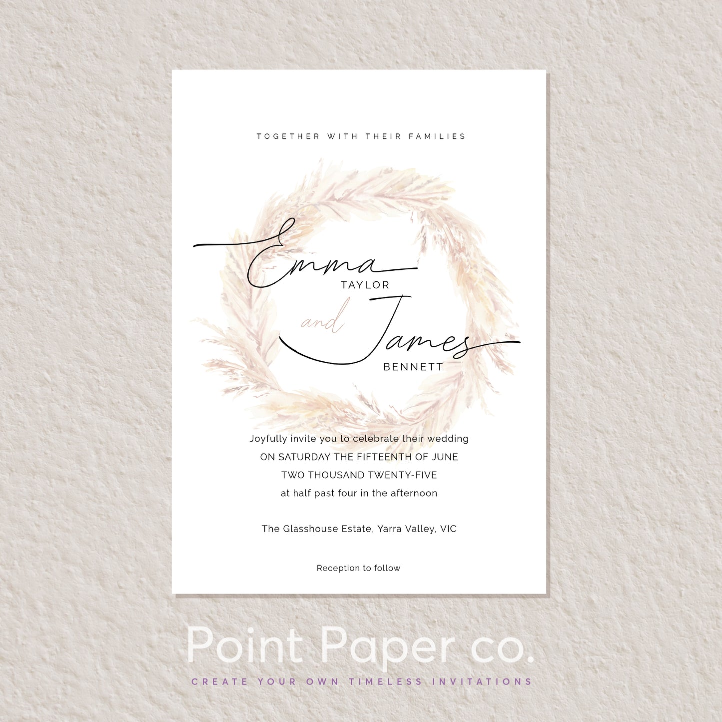 A wedding invitation card with a minimalist design, featuring a circular wreath made of light beige dried grasses and black script text reading 'Emma Taylor and James Bennett,' displayed on a textured light gray background. A watermark at the bottom reads 'Point Paper co.