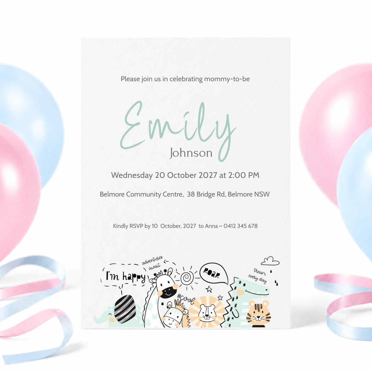 A baby shower invitation card for Emily Johnson, styled with pastel pink, blue, and white balloons and ribbon streamers in the background. The card features a white base with light green text and cute hand-drawn animal illustrations at the bottom.