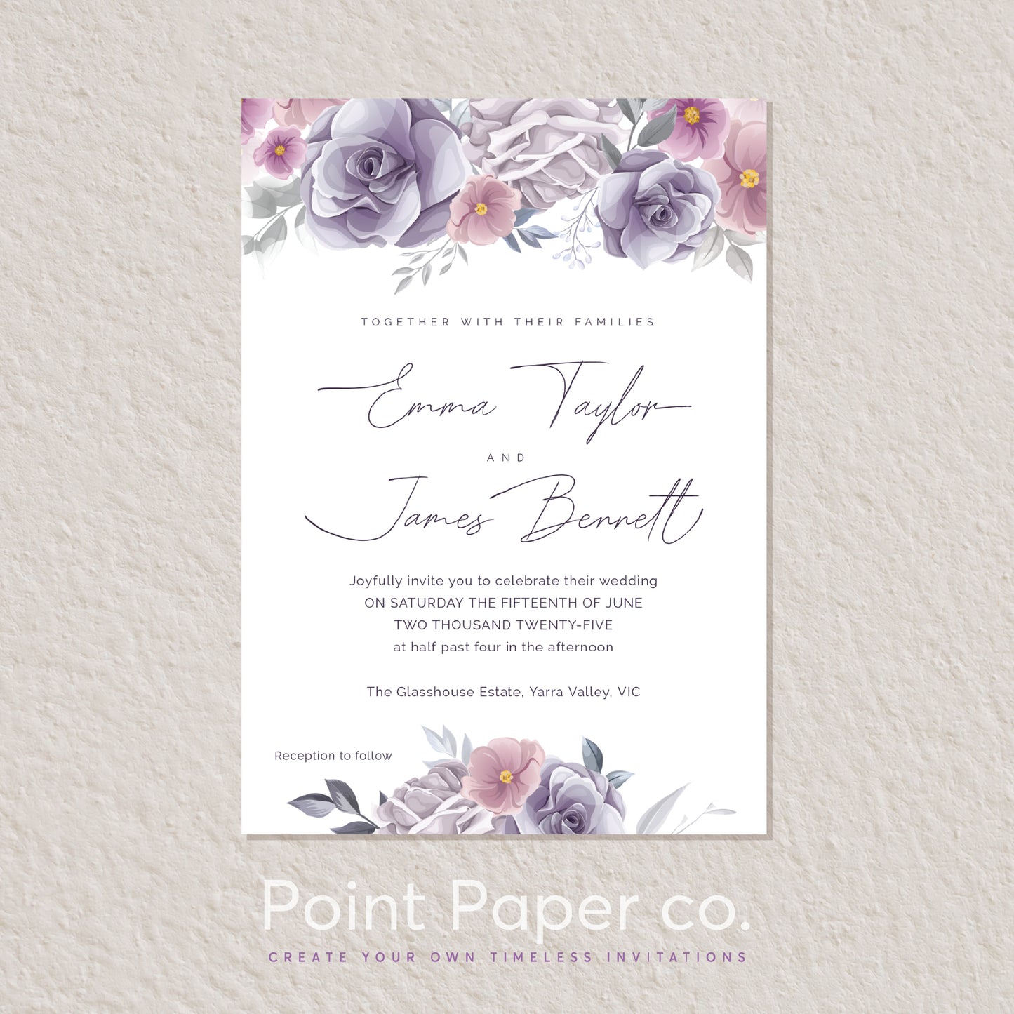 A floral wedding invitation card with watercolor-style purple and pink flowers at the top and bottom, centered on a textured light beige background. The card includes elegant script names and event text, with a visible 'Point Paper co.