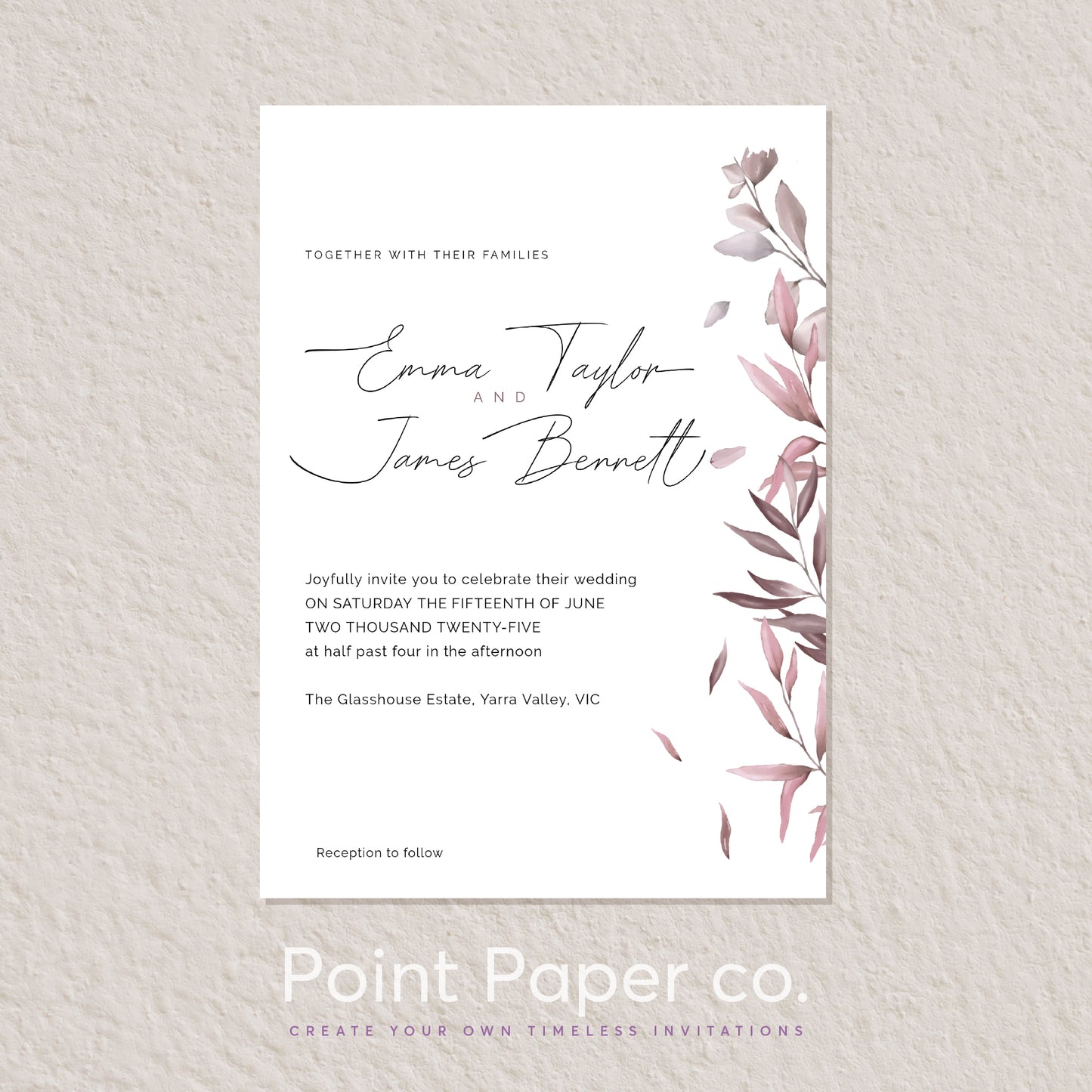 A wedding invitation card with elegant black script text and muted dusty pink botanical leaf illustrations on the right side, displayed on a textured light beige background. The brand name 'Point Paper co.