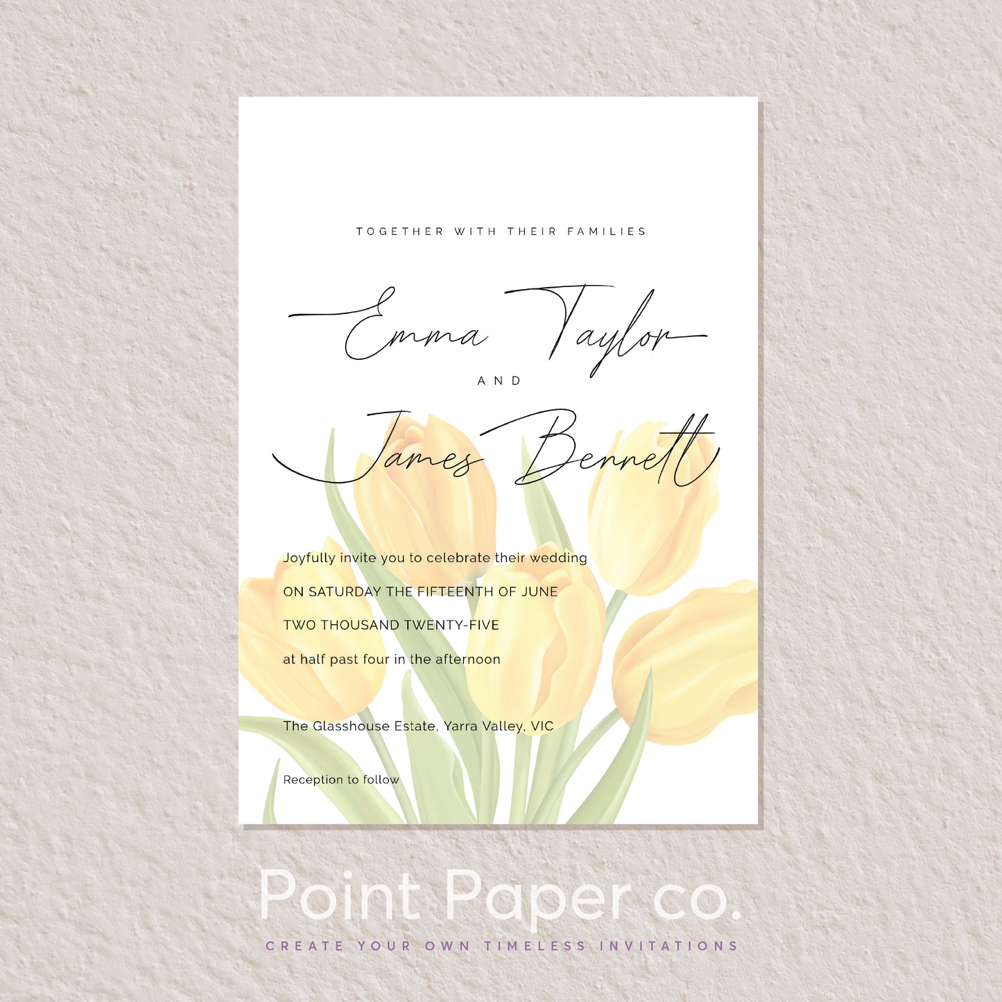 A wedding invitation card with elegant black script names, floral yellow tulip illustrations, and event text, displayed on a textured light gray background. The card is branded with 'Point Paper co.