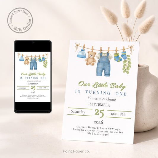 Baby Boy Clothesline Birthday Invitation | Edit Online