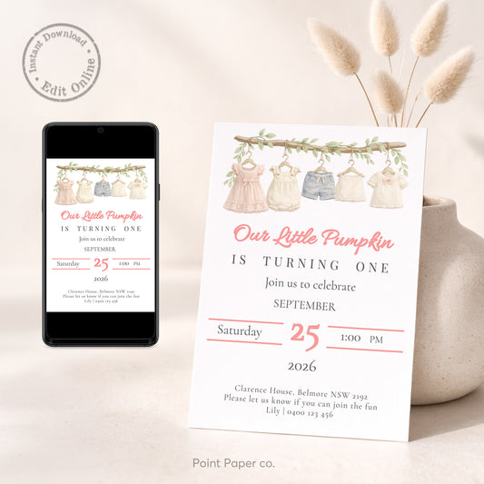 Baby Girl Clothesline Birthday Invitation | Edit Online