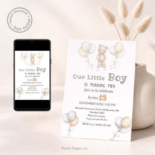 Teddy Balloons Birthday Invitation | Edit Online