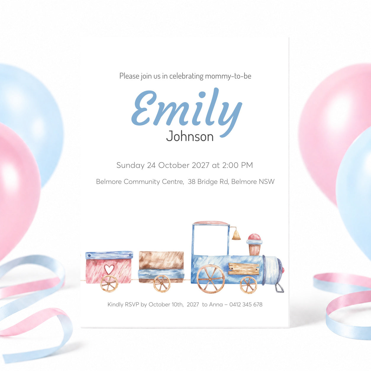 A baby shower invitation card featuring a watercolor train design in blue, pink, and brown tones. The card is personalized with the name 'Emily' and includes decorative pastel pink and blue balloons and ribbons in the background.