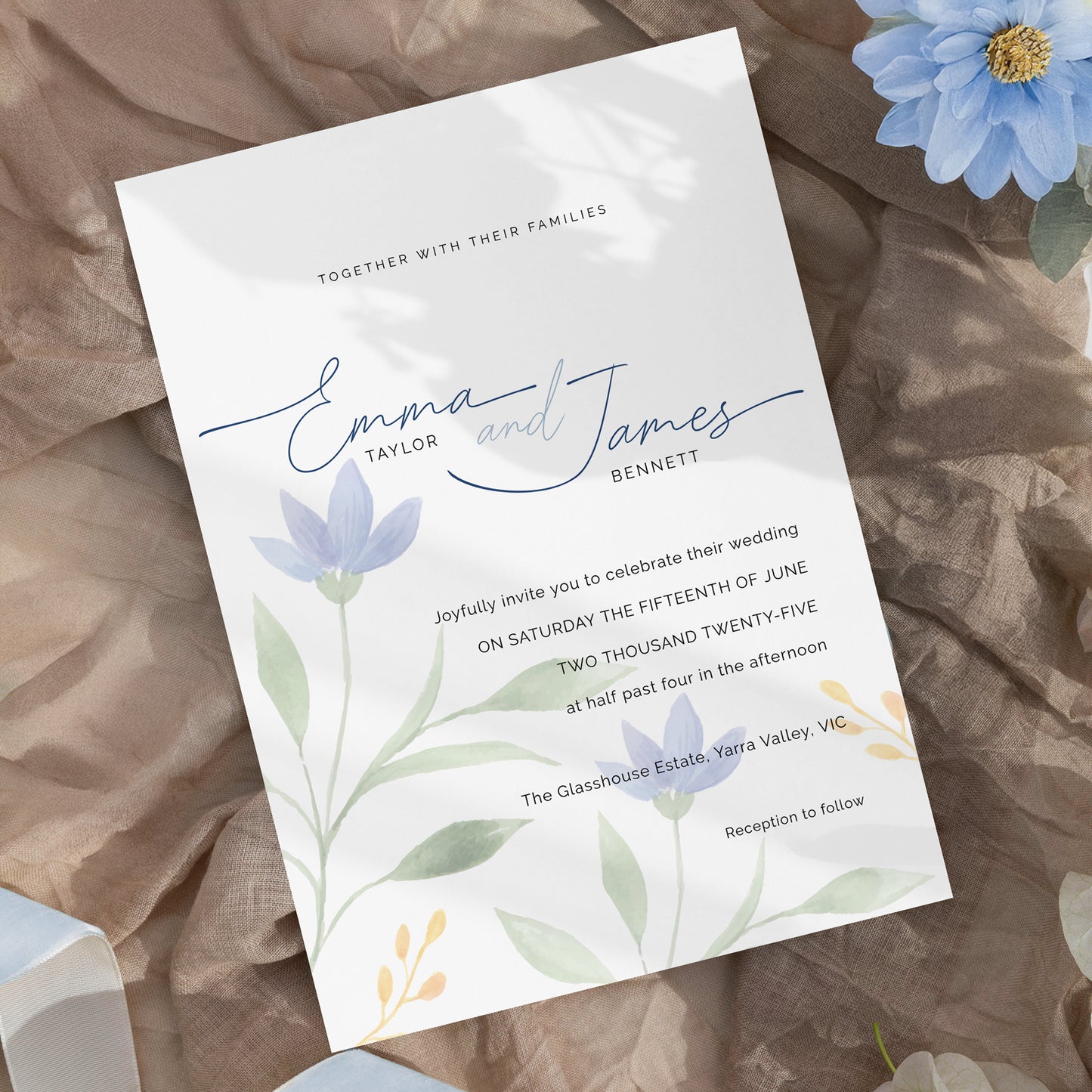 Blue Wildflower Wedding Editable Invitation
