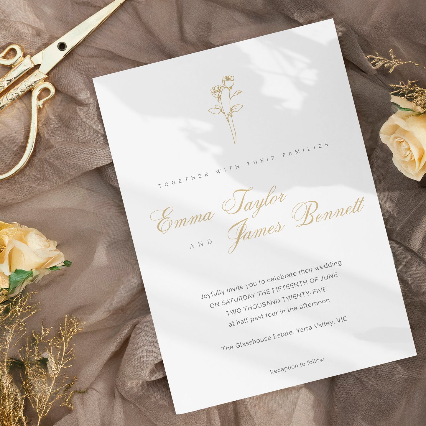 Minimalist Gold Rose Wedding Editable Invitation