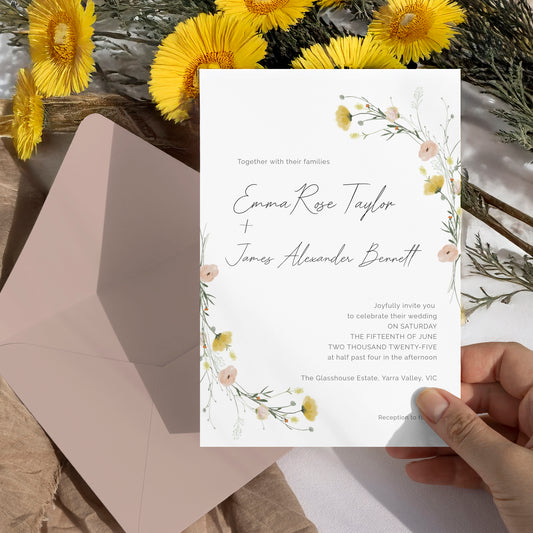 A wedding invitation card held by a hand, featuring elegant black script and floral watercolor illustrations in soft yellow, peach, and green. The card is styled in a flat-lay arrangement with a dusty pink envelope, yellow flowers, and green foliage on a neutral background.