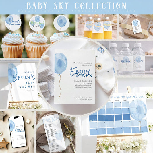 Baby shower collection with invitations, cupcakes, and decor items featuring the 'Baby Sky Collection' theme.