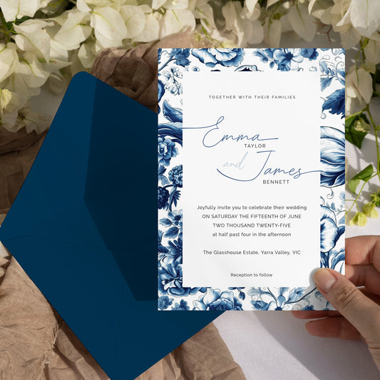 A wedding invitation card with a blue and white floral border and a white center panel, shown with a dark blue envelope and held by a hand in front of white flowers and brown paper.