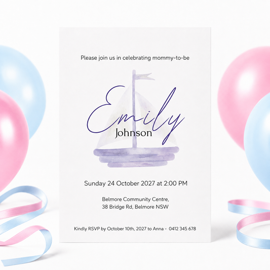 A customizable baby shower invitation card featuring a watercolor sailboat design with the text 'Emily Johnson'. The card is styled with pastel pink, blue, and white balloons and ribbons in the background.