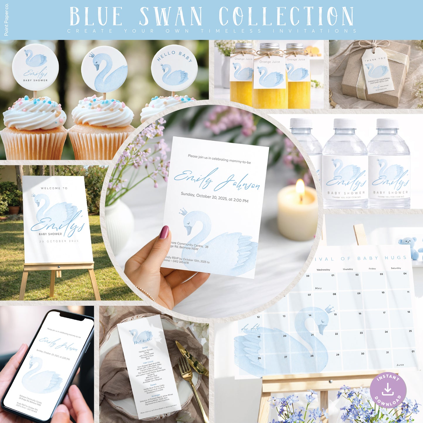 Blue Swan  Baby Shower Editable Template Bundle