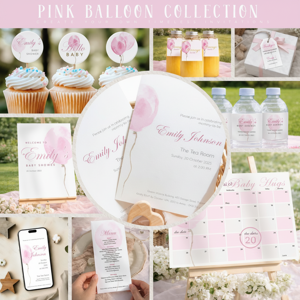 Collage of pink balloon themed baby shower items including welcome board, cupcakes, and invitations.