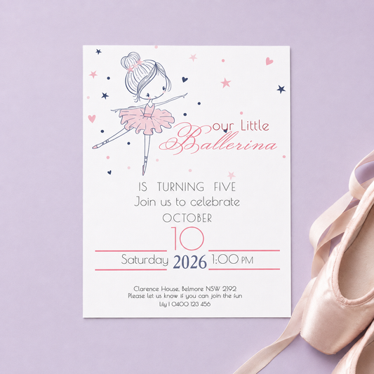 A ballet-themed five-year party invitation card styled on a lavender background with a satin ribbon and pointe shoes. The card features a hand-drawn ballerina in a pink tutu with stars and hearts.
