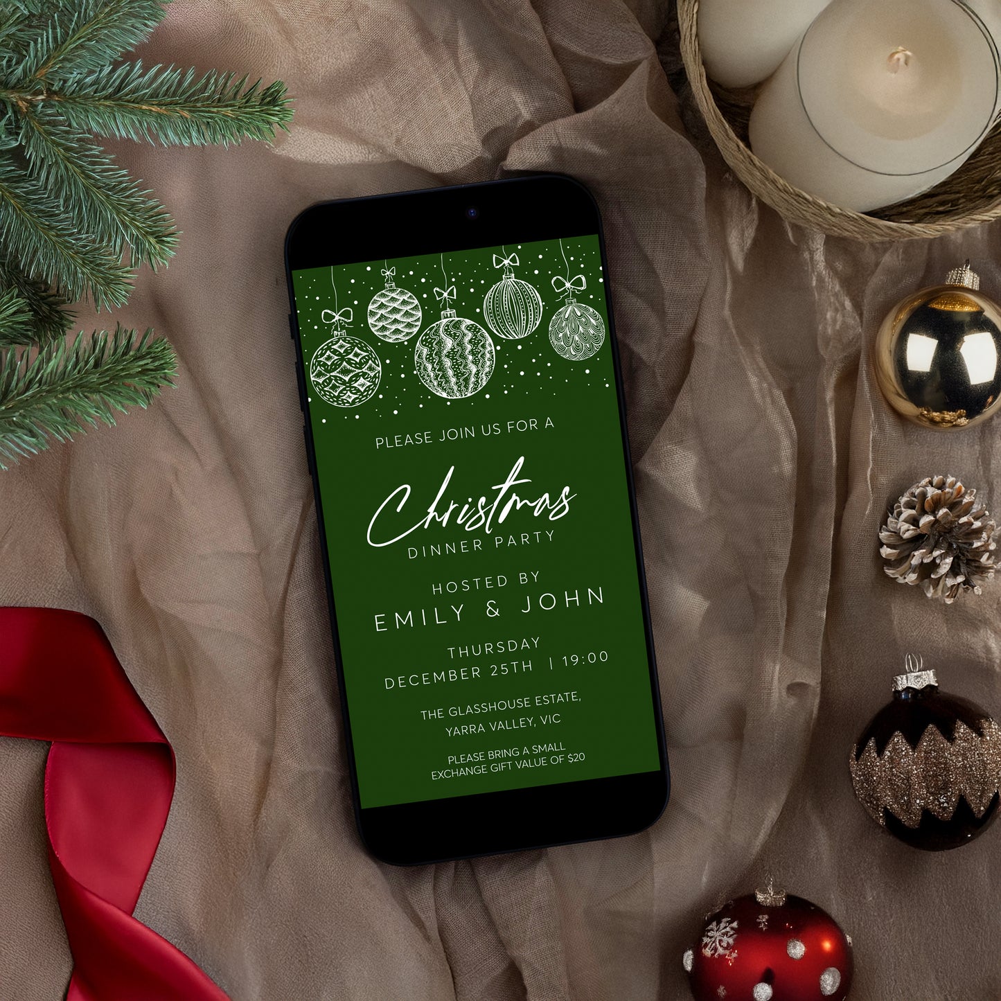 Editable Christmas Mobile Invitation Green Christmas Baubles