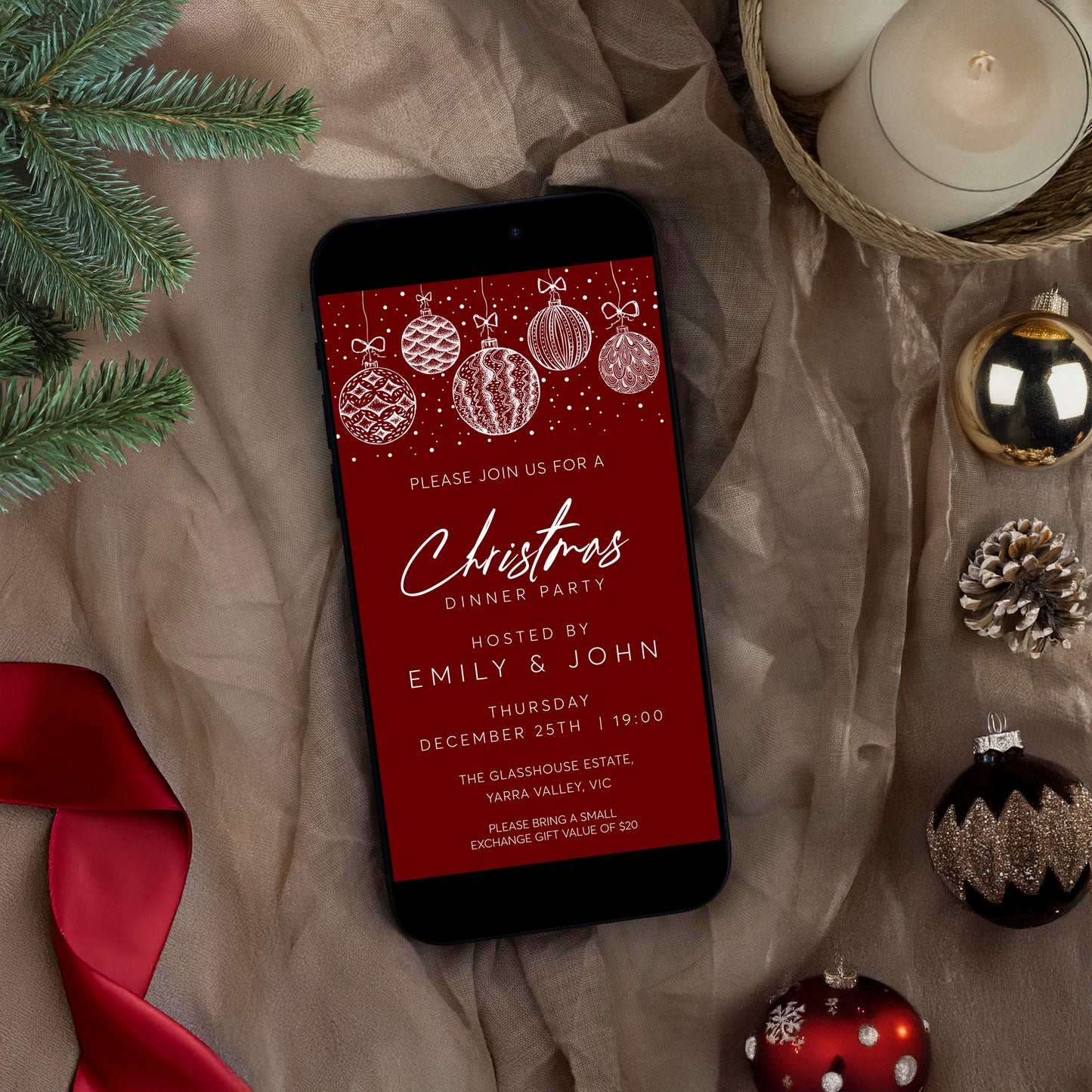 Editable Christmas Mobile Invitation Red Christmas Baubles