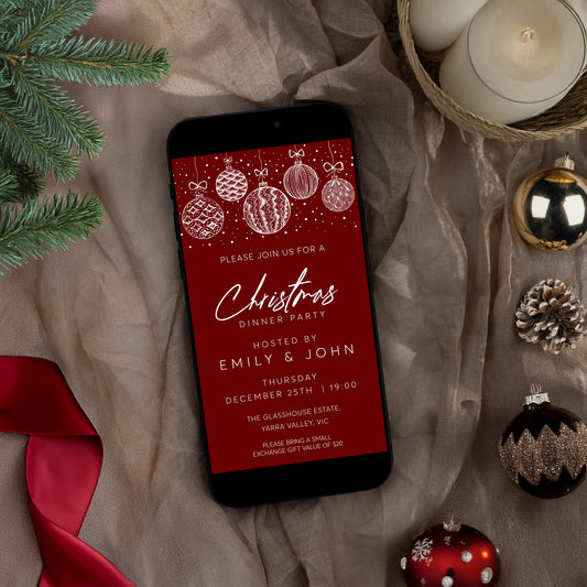Editable Christmas Mobile Invitation Red Christmas Baubles