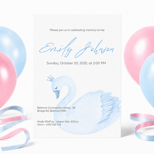 A baby shower invitation card featuring a watercolor blue swan illustration and the text 'Emily Johnson' in blue script. The card is styled with pink and blue balloons and ribbons in the background.