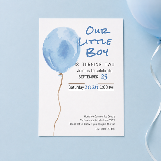 A baby shower invitation card for a boy's second birthday, featuring a watercolor blue balloon illustration and blue handwritten-style text on a white card, styled on a light blue background with a matching balloon and ribbon.