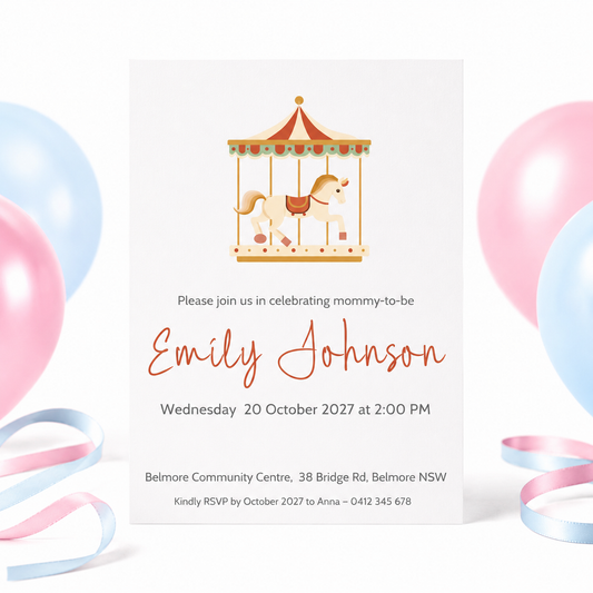 A baby shower invitation card featuring a whimsical carousel illustration at the top and elegant text celebrating 'Emily Johnson,' styled with pastel pink, blue, and white balloons and ribbons around it.