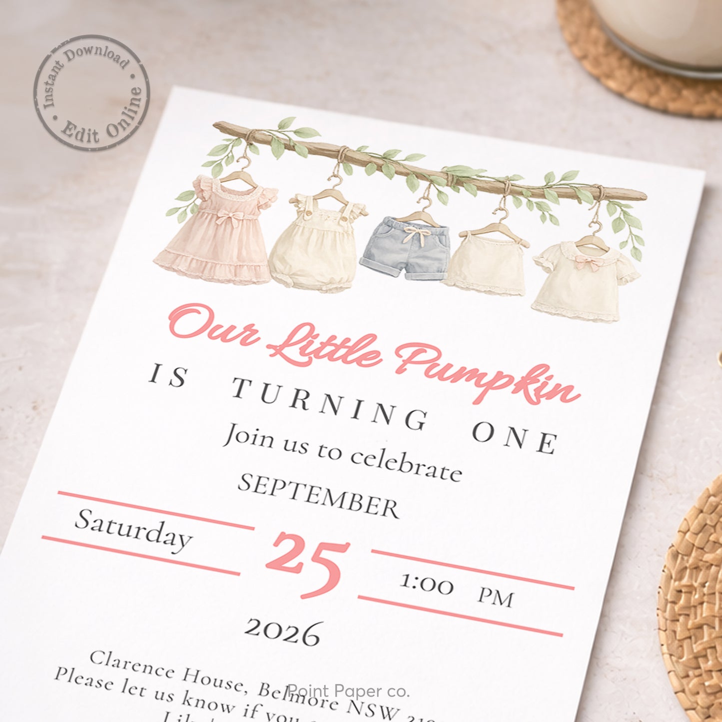 Baby Girl Clothesline Birthday Invitation | Edit Online