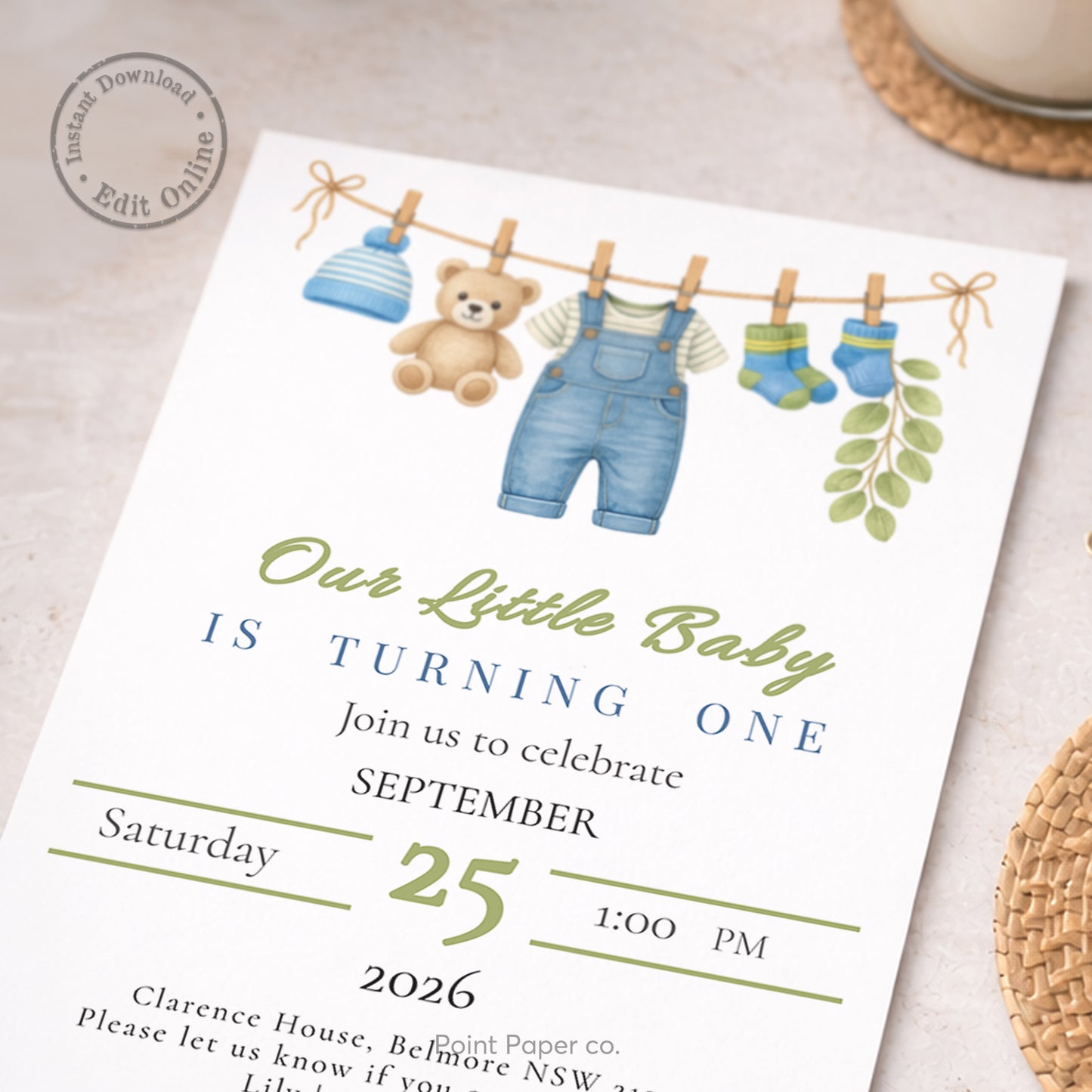 Baby Boy Clothesline Birthday Invitation | Edit Online