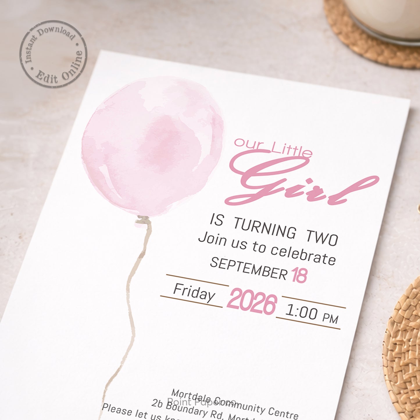 Pink Balloon Birthday Invitation | Edit Online