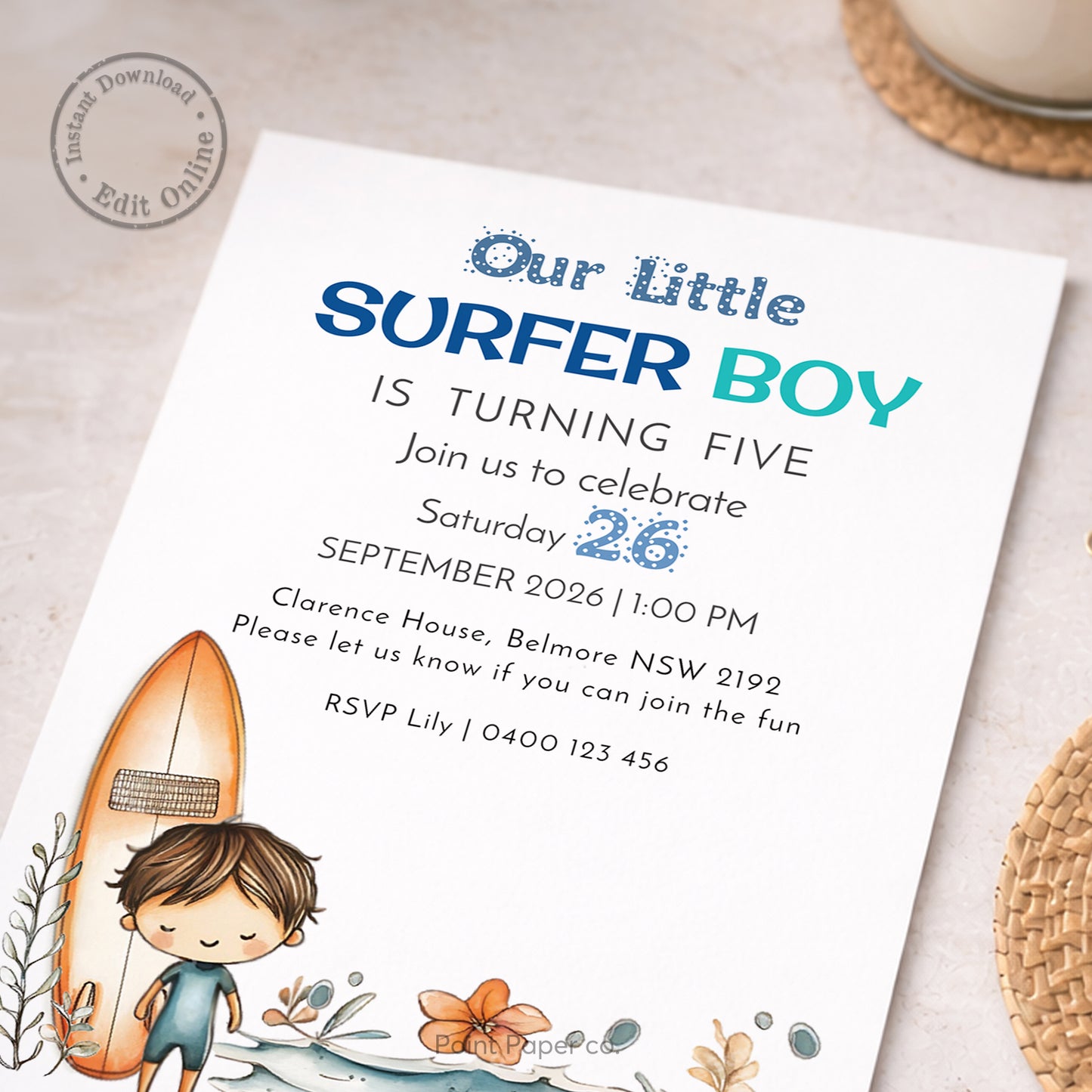 Birthday invitation card for a 'Surfer Boy' themed birthday party on a light surface.