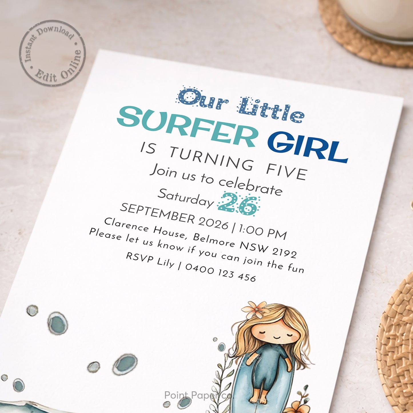 Surfer Girl Birthday Invitation | Edit Online