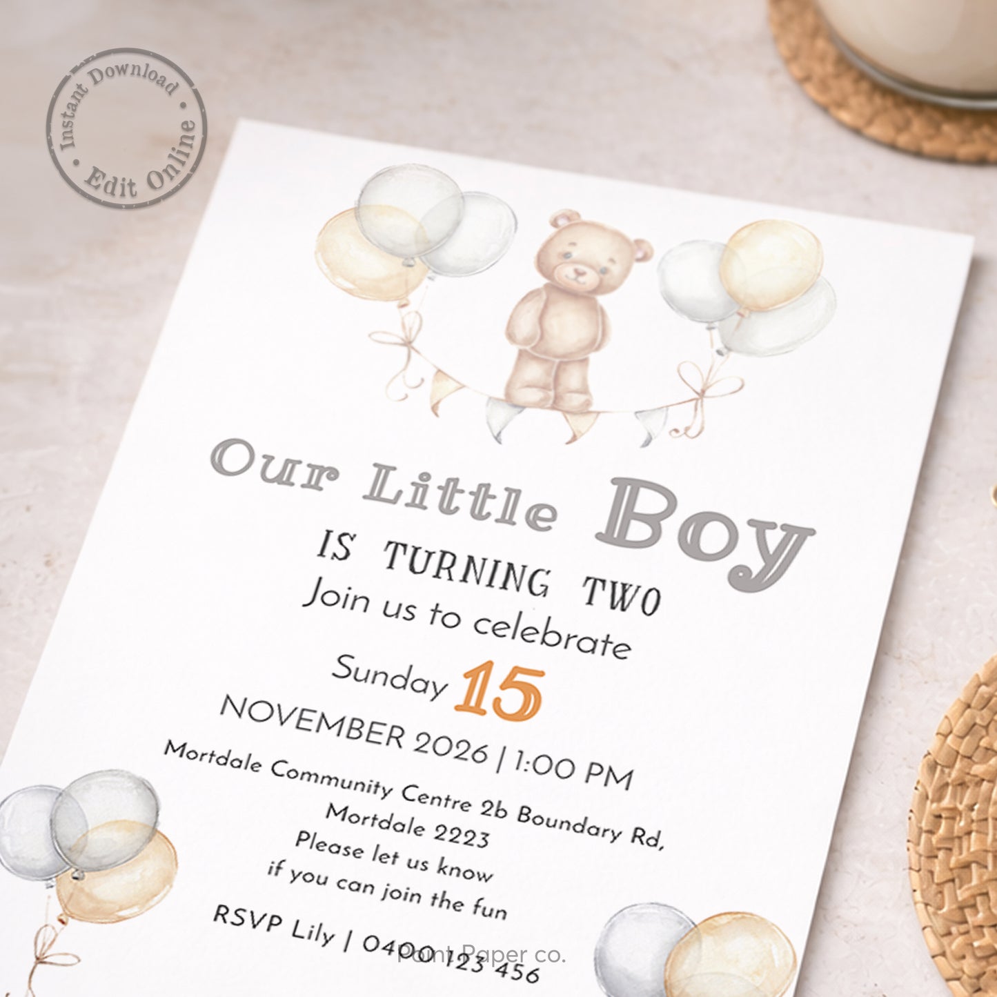 Teddy Balloons Birthday Invitation | Edit Online