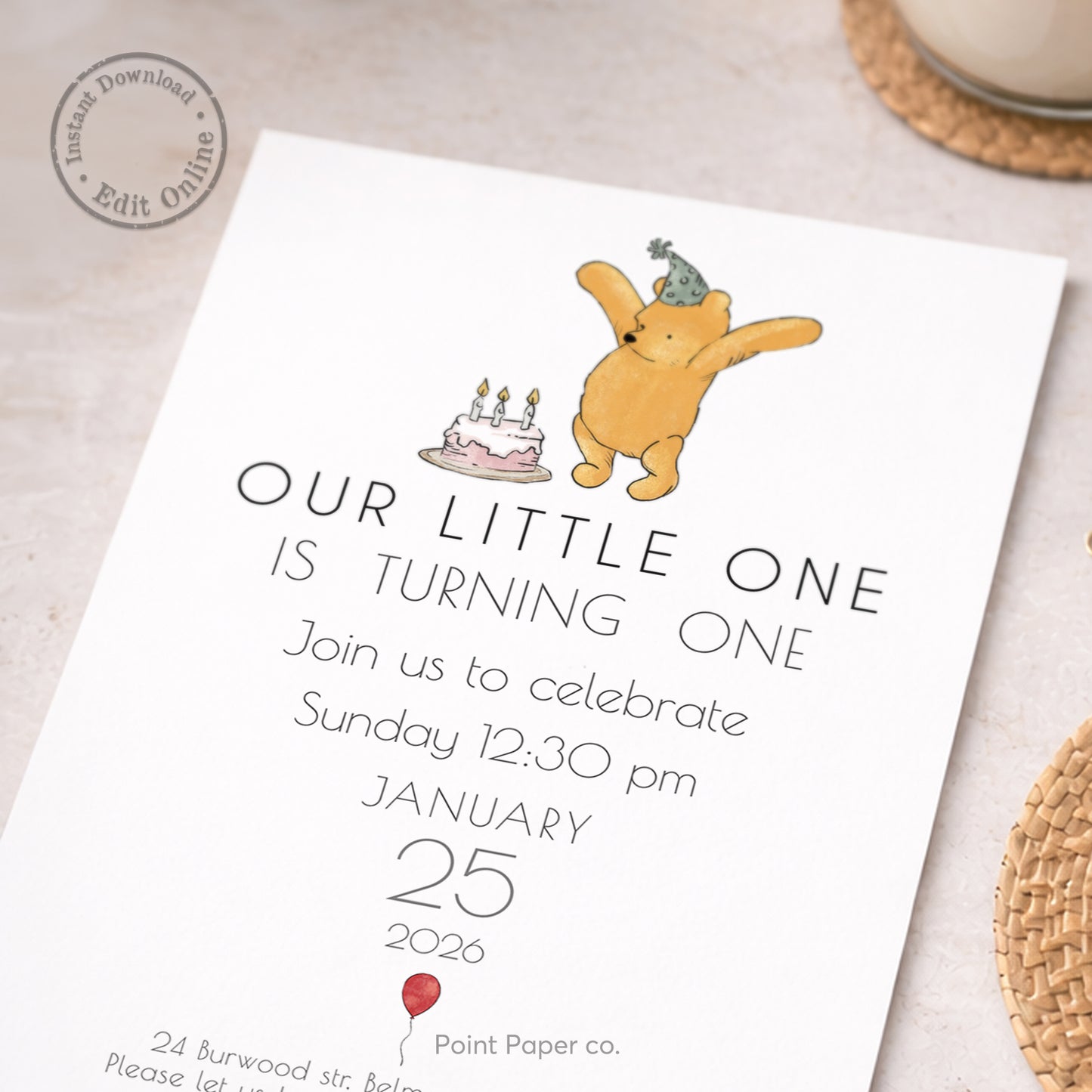 Bear First Birthday Invitation | Edit Online