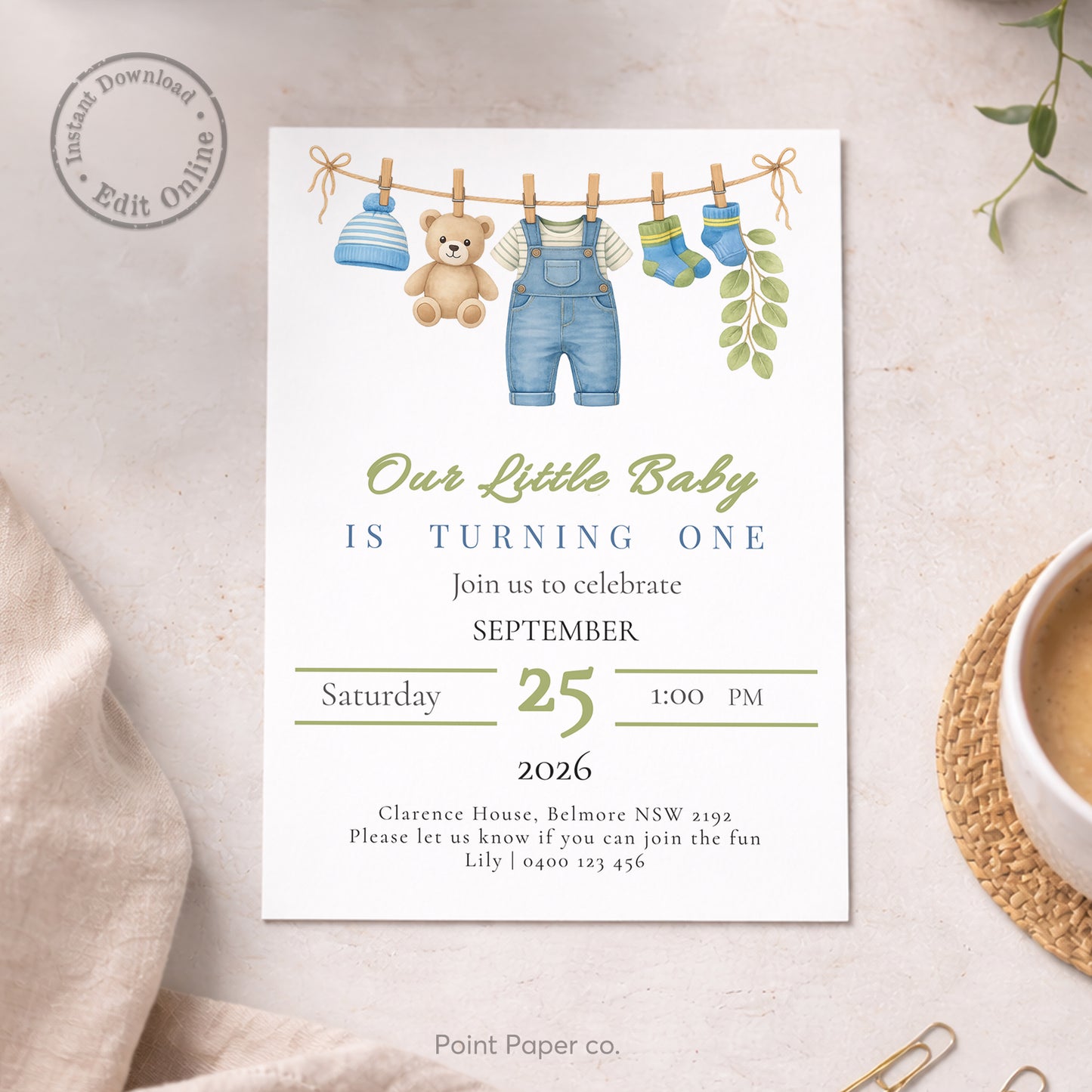 Baby Boy Clothesline Birthday Invitation | Edit Online
