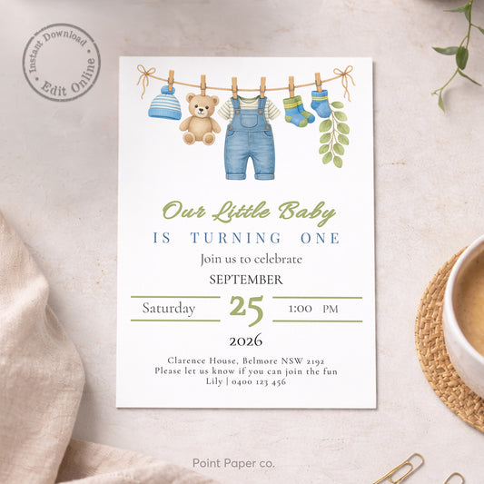 Baby Boy Clothesline Birthday Invitation | Edit Online