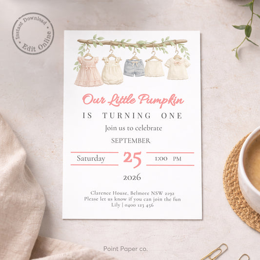 Baby Girl Clothesline Birthday Invitation | Edit Online