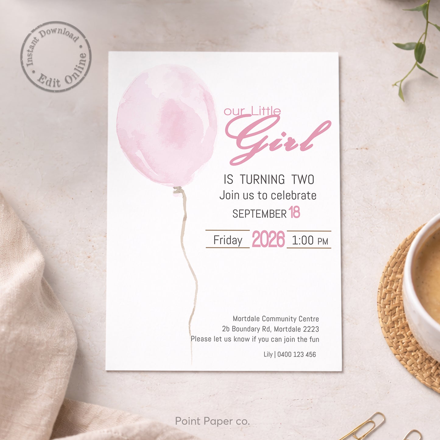 Pink Balloon Birthday Invitation | Edit Online