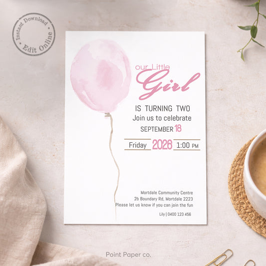 Pink Balloon Birthday Invitation | Edit Online