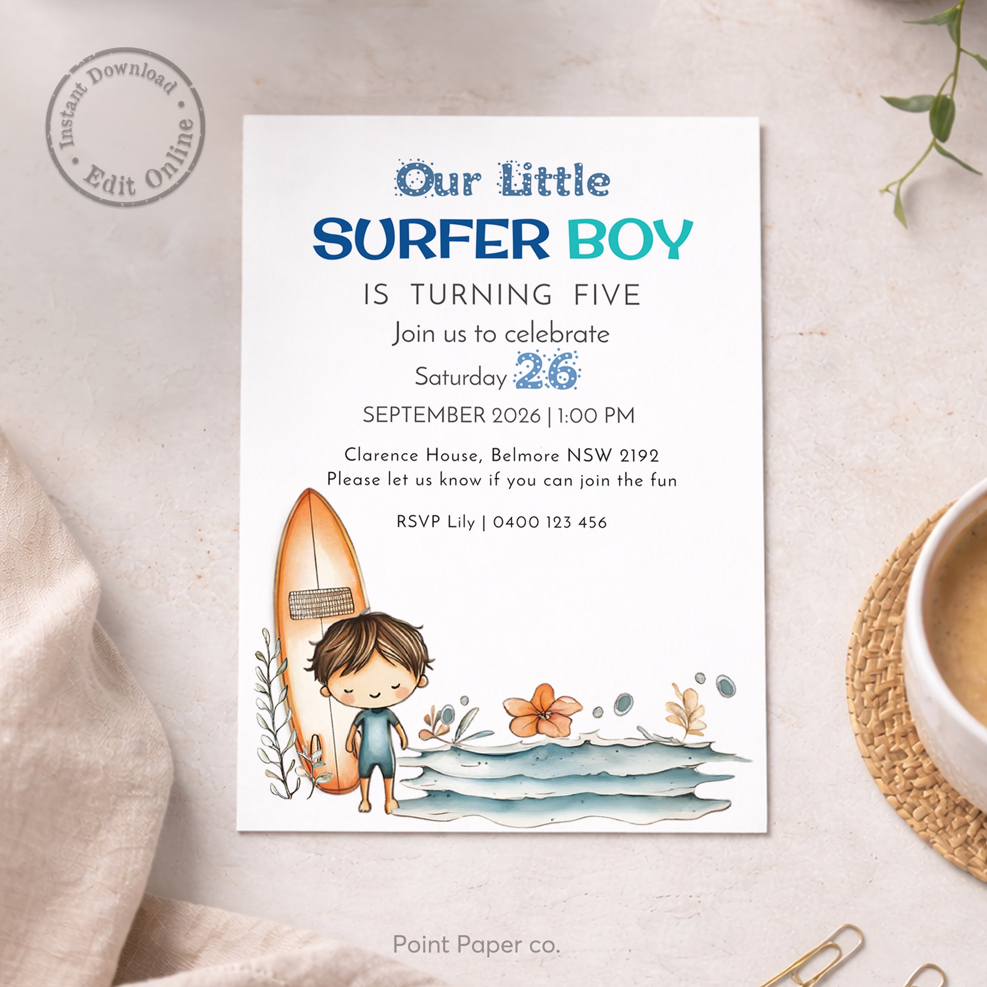 Invitation card for a 'Little Surfer Boy' birthday party with a child holding a surfboard on a beige background.