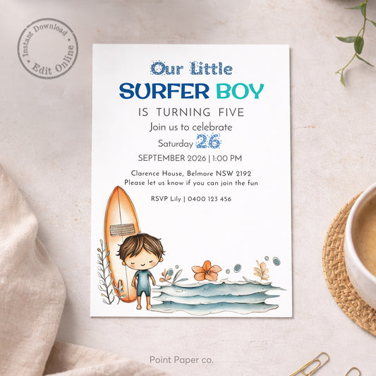 Invitation card for a 'Little Surfer Boy' birthday party with a child holding a surfboard on a beige background.