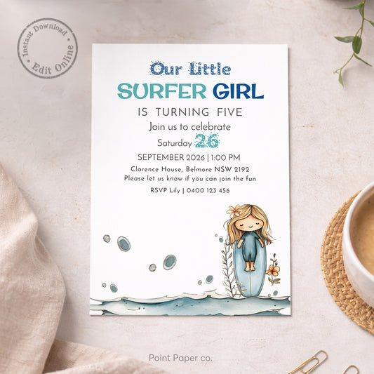 Surfer Girl Birthday Invitation | Edit Online