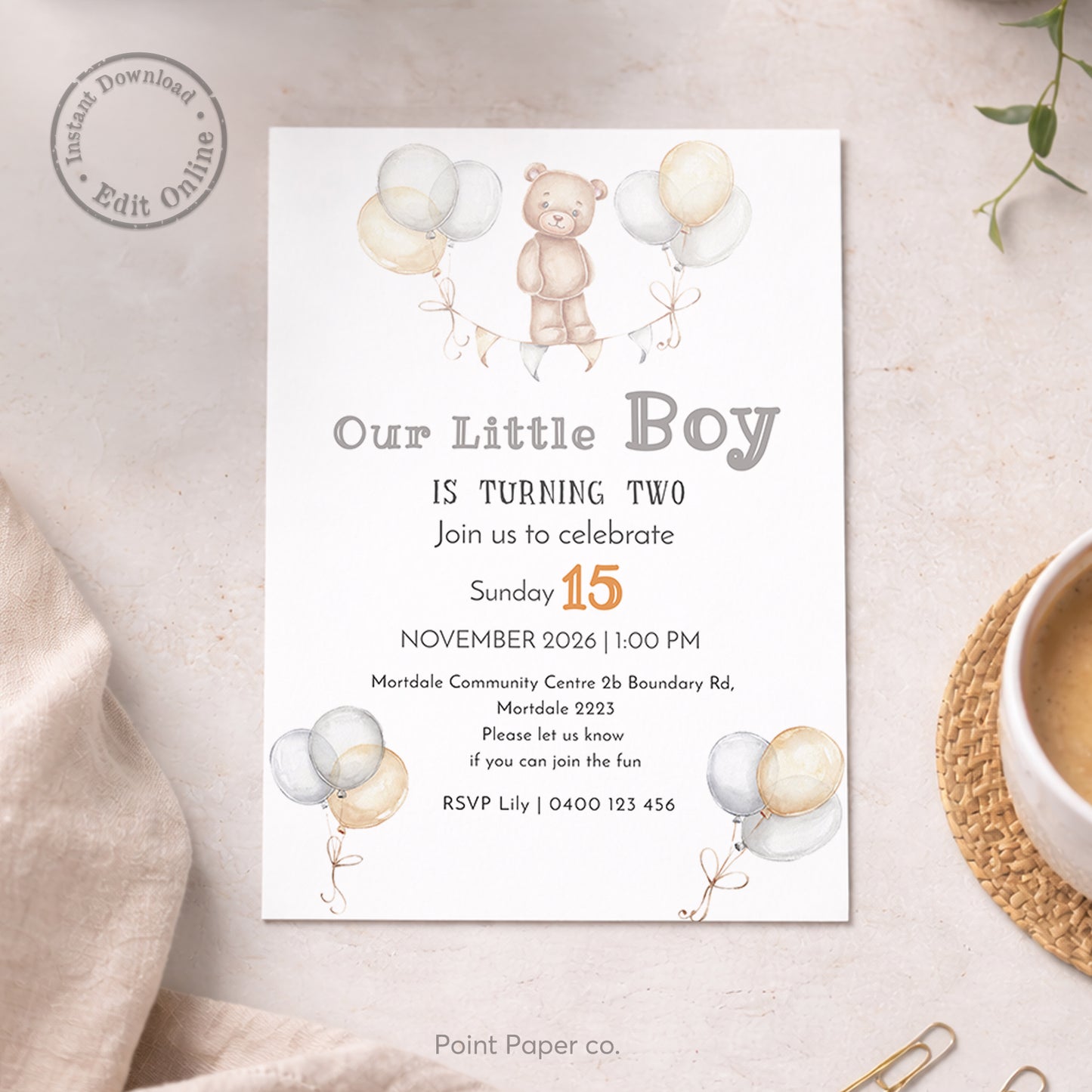 Teddy Balloons Birthday Invitation | Edit Online